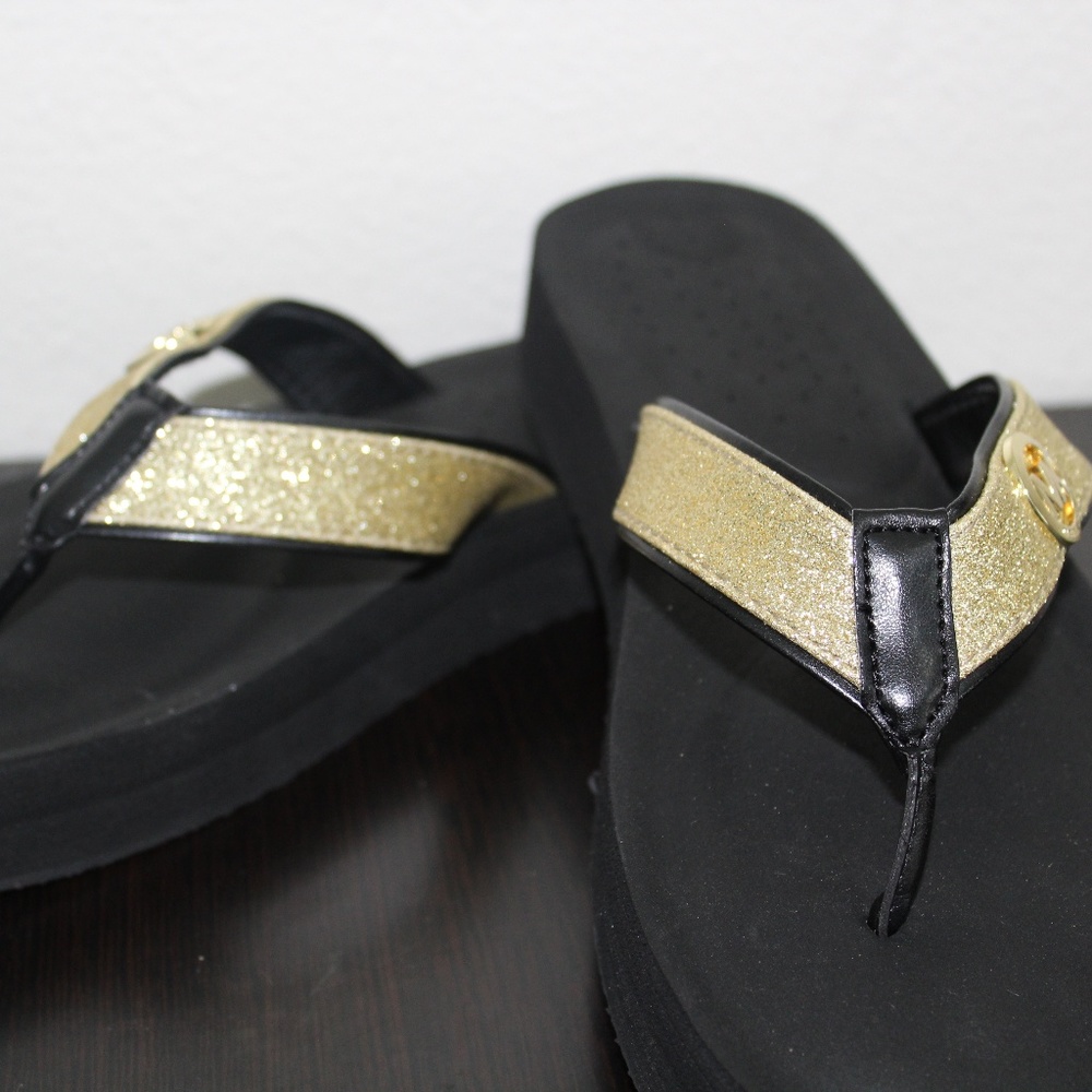MICHAEL KORS GAGE BLACK GOLD FLIP FLOP SANDALS